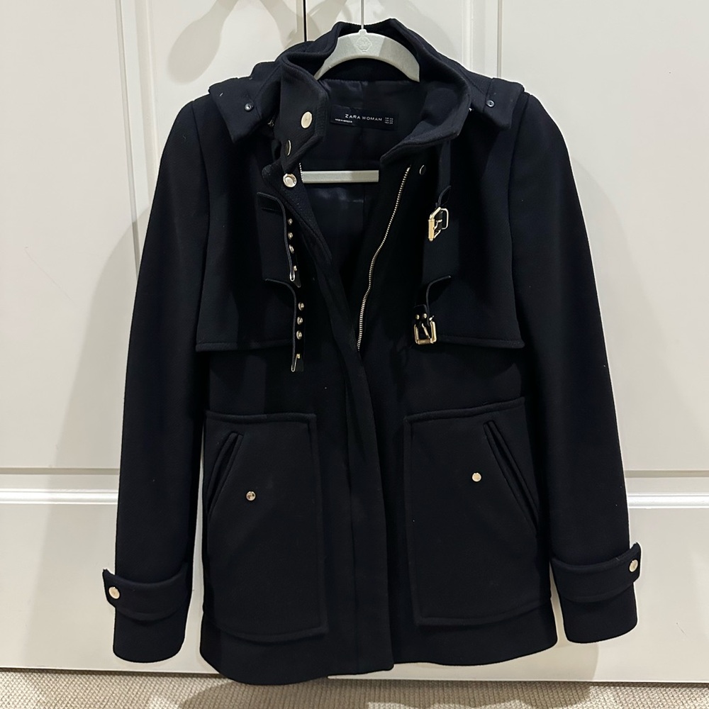 Black Wool Utility Coat with Gold Details
